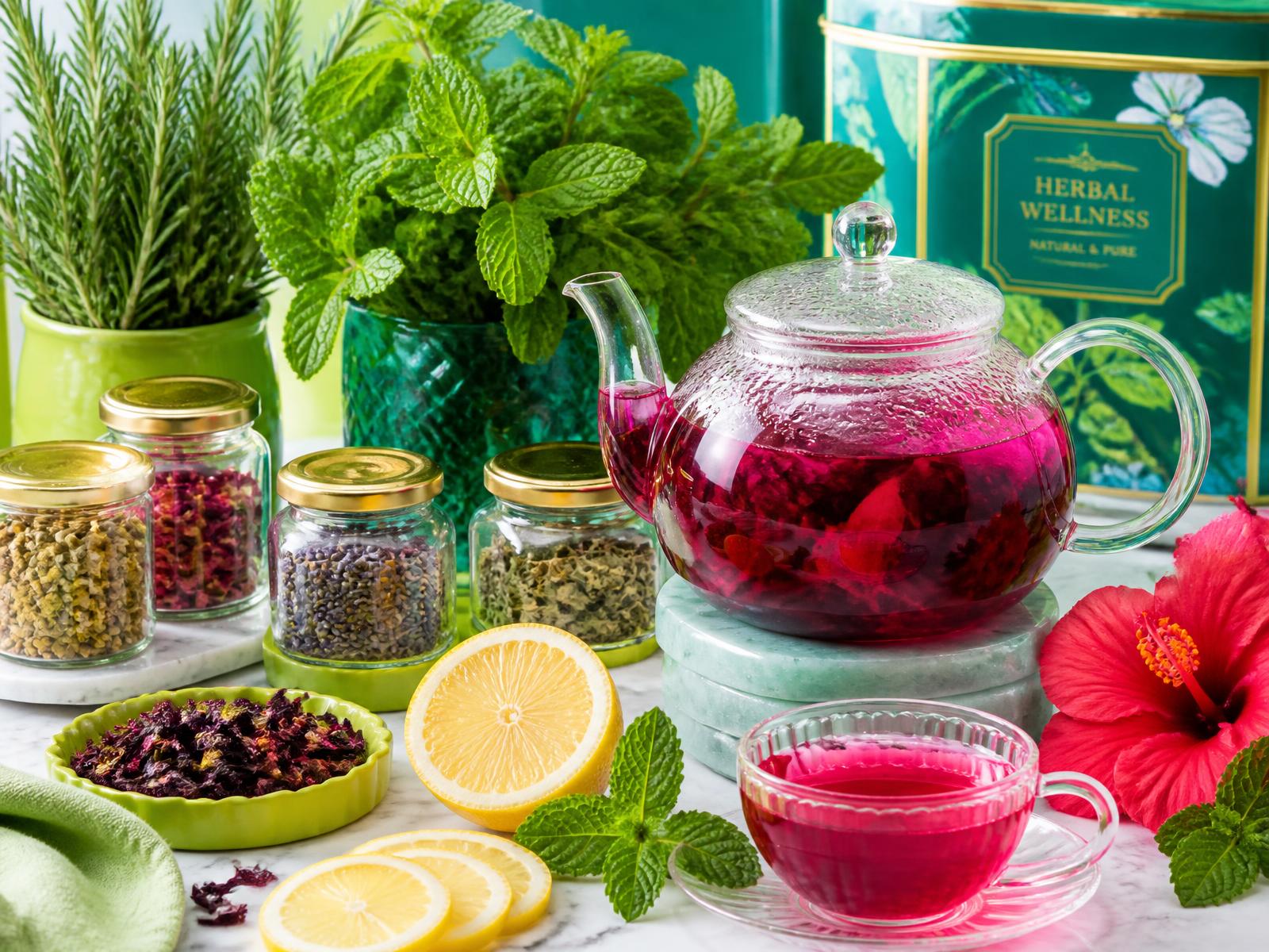 Glass teapot with bright hibiscus tea, fresh mint and rosemary, lemon slices and jars of dried herbs