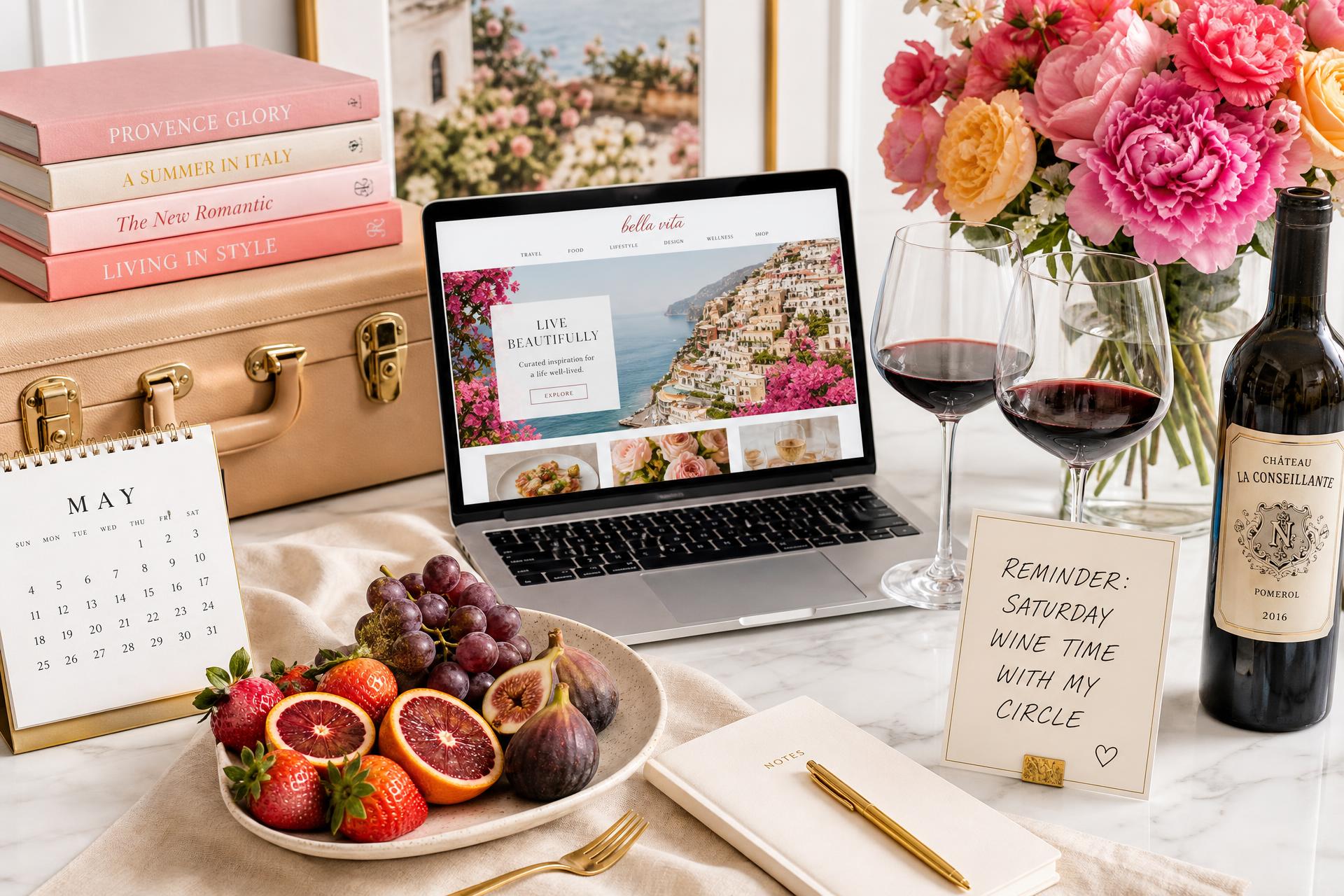 Bright marble table styled with a laptop, fruit, red wine, books, flowers, a suitcase, a calendar and a handwritten Saturday Wine Time reminder