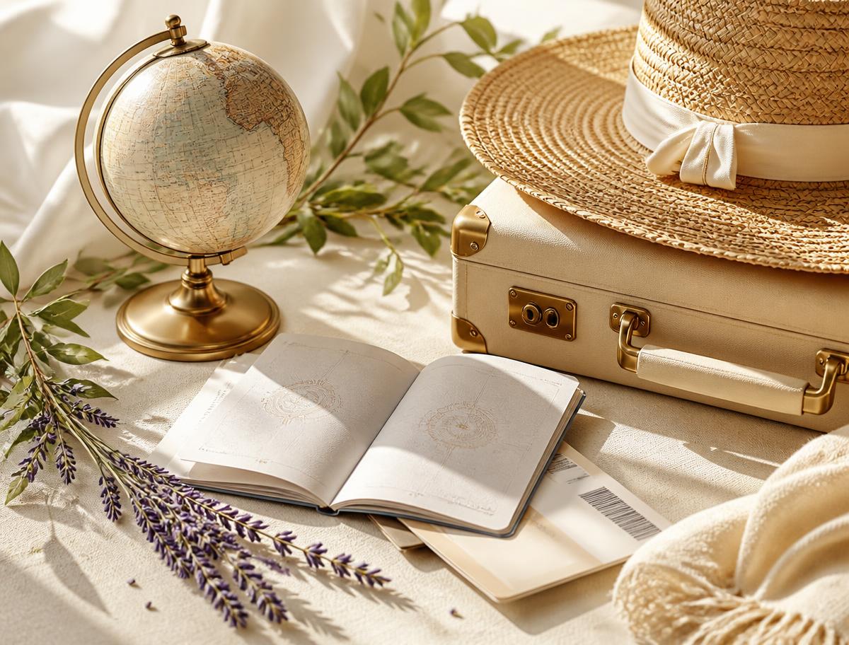 Golden globe, straw hat, vintage suitcase, open travel notebook and lavender in warm sunlight