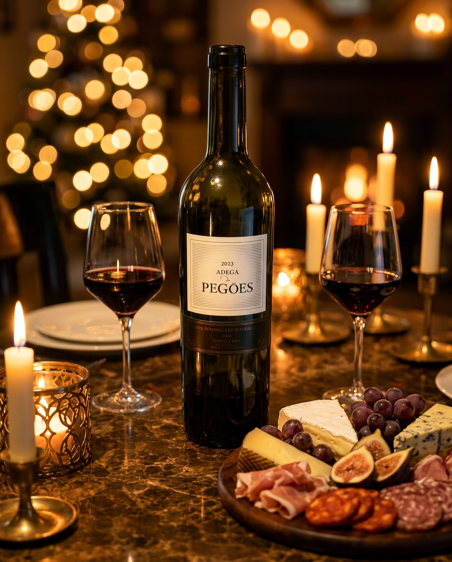 A 2023 Adega Pegões bottle on a warm candlelit dinner table with charcuterie and poured red wine